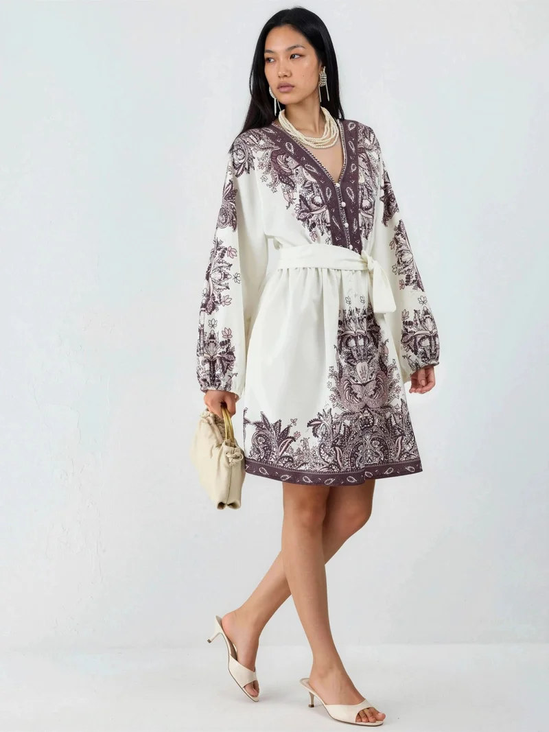 Jennyfer Belted Mini Dress with V-Neck in Paisley