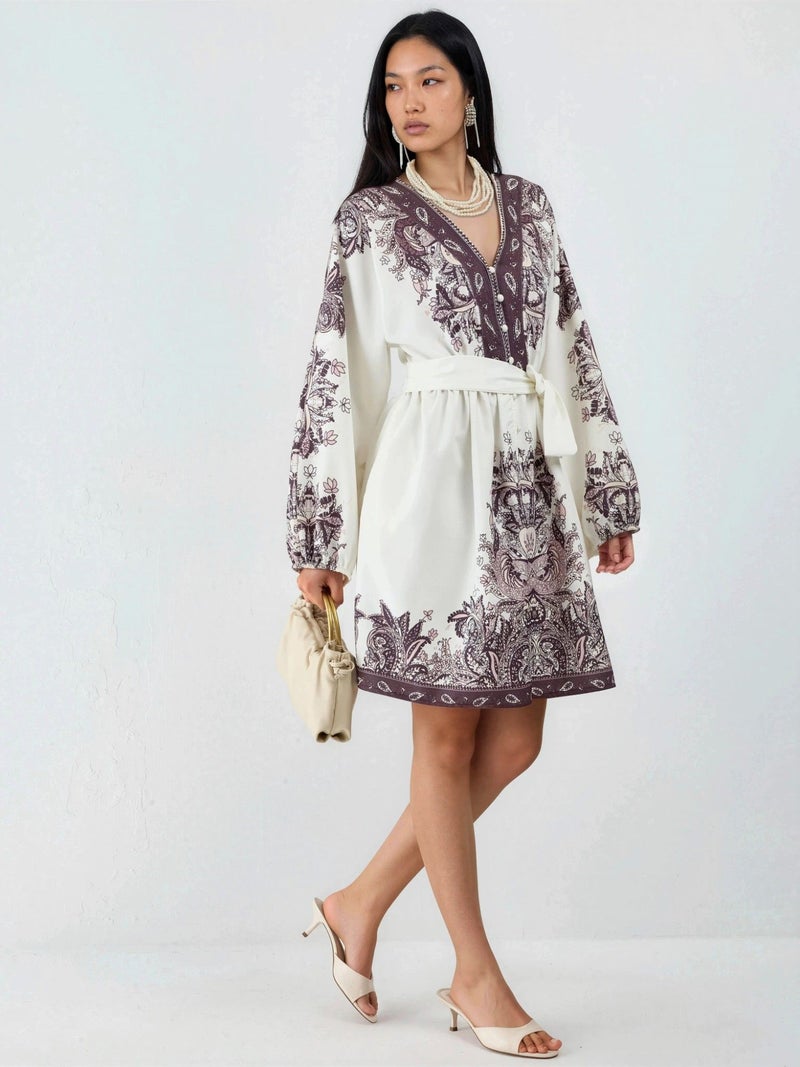 Jennyfer Belted Mini Dress with V-Neck in Paisley - Image 2