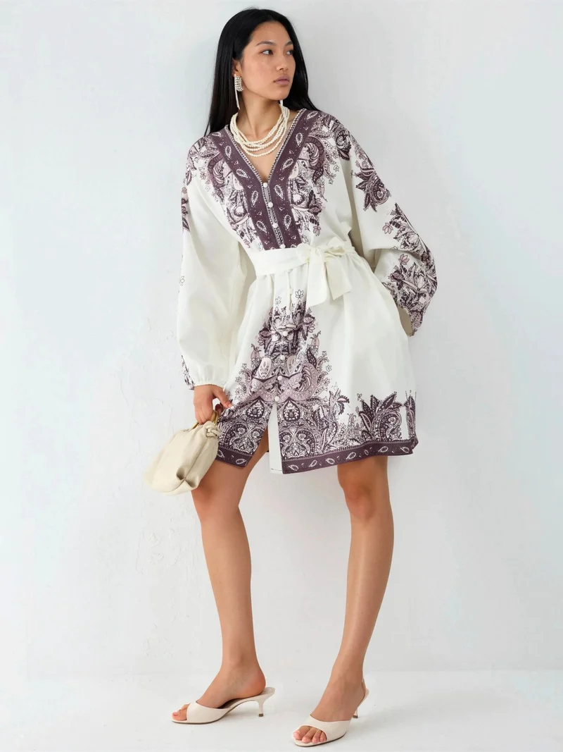 Jennyfer Belted Mini Dress with V-Neck in Paisley