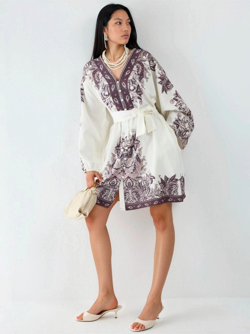 Jennyfer Belted Mini Dress with V-Neck in Paisley - Image 1