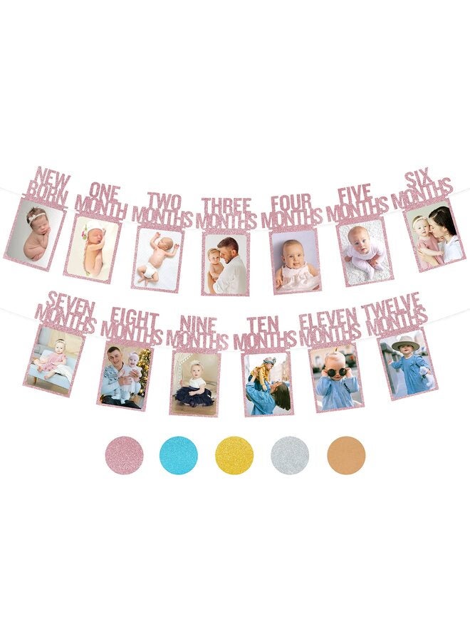1st Birthday Photo Banner for Baby from Newborn to 12 Months, First Birthday Decorations for Boys/Girls Monthly Milestones Garland | First Photo Banner Pre-strung with Frame (Pink) - Image 1