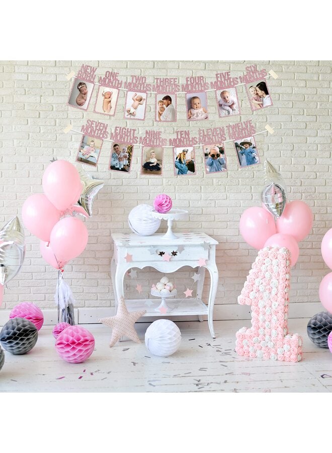 1st Birthday Photo Banner for Baby from Newborn to 12 Months, First Birthday Decorations for Boys/Girls Monthly Milestones Garland | First Photo Banner Pre-strung with Frame (Pink) - Image 4