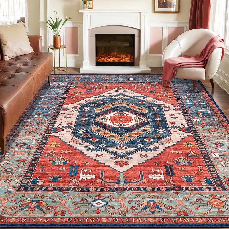SERISSA Washable Rugs 8x10 Area Rugs, Large Non-Slip Boho Living Room Rust Rug, Ultra Soft Vintage Print Distressed Oriental Tribal Farmhouse Carpet for Dining Room Bedroom Dorm Office Home Decor - Image 1