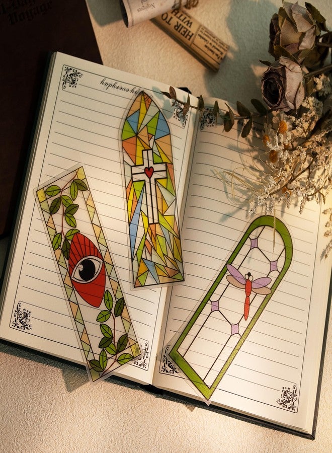 SWATOM 6 PCS Two-Sided Frosted Stained Glass Bookmarks for Reading Women Waterproof Transparent Plastic Bookmark Gifts for Book Lovers with Bookmark Holders - Image 5