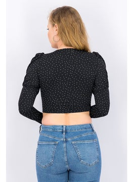 Miss Selfridge Women Surplice Neck Long Sleeve Polka Dots Crop Top, Black  - Image 3