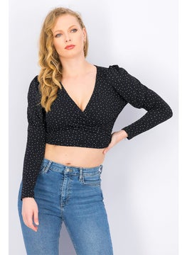 Miss Selfridge Women Surplice Neck Long Sleeve Polka Dots Crop Top, Black  - Image 1