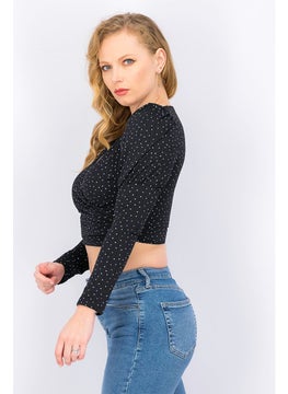 Miss Selfridge Women Surplice Neck Long Sleeve Polka Dots Crop Top, Black  - Image 2