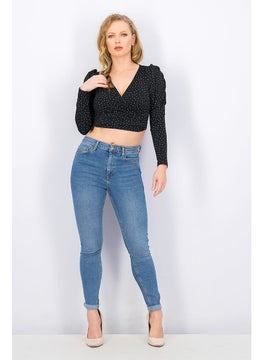 Miss Selfridge Women Surplice Neck Long Sleeve Polka Dots Crop Top, Black  - Image 4