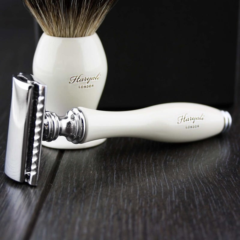 Haryali London Luxury Ivory Mens Shaving Set With Double Edge Safety Razor Pure Black Badger Hair Brush Perfect Set For Men - Image 5