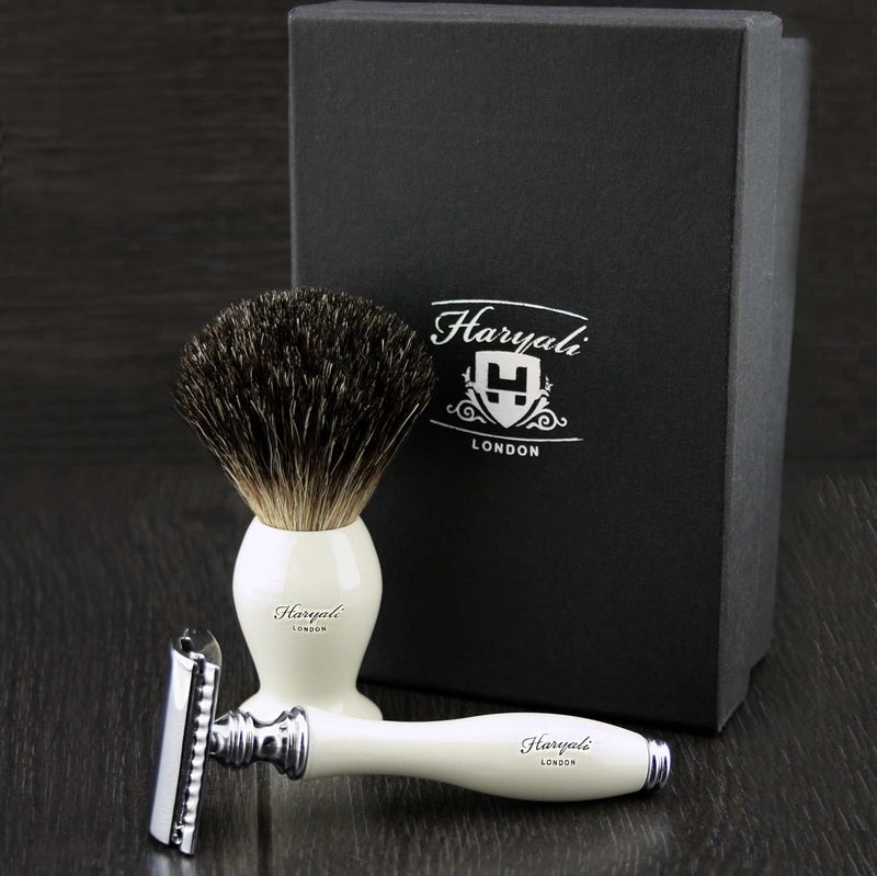 Haryali London Luxury Ivory Mens Shaving Set With Double Edge Safety Razor Pure Black Badger Hair Brush Perfect Set For Men - Image 3