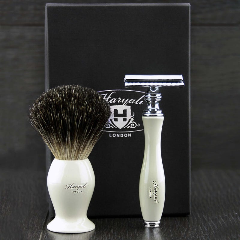 Haryali London Luxury Ivory Mens Shaving Set With Double Edge Safety Razor Pure Black Badger Hair Brush Perfect Set For Men - Image 1