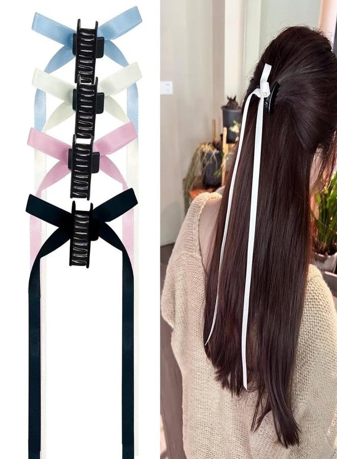 Shidara 4 pcs premium Hair Clips Tassel Ribbon Clips Long Tail Claw Clip Silky Satin Hair Barrette Snap Hairpins 4PCS Cute Solid Bowknot Alligator Hair Clips Hair Acces - Image 1
