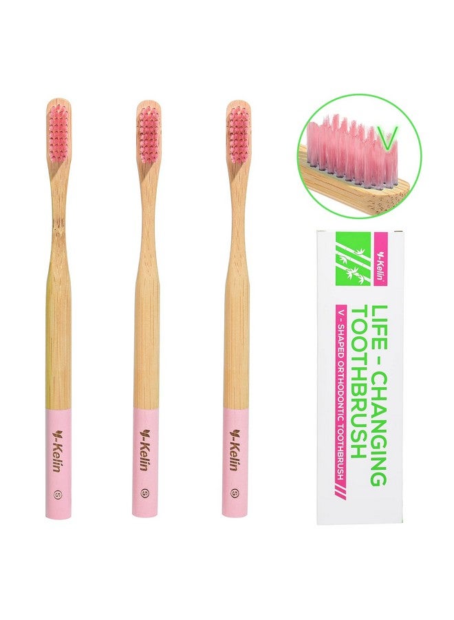Y-Kelin Bamboo V-Shaped Orthodontic Toothbrush，Eco Friendly Bamboo Toothbrush（3pcs） Soft Bristle Toothbrush (Pink Soft) - Image 2