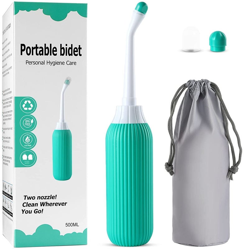 BIRZAR Handheld Portable Bidet Spray Bottle for Toilet Retractable Bidet Angled Nozzle Jet Spray for Personal Hygiene Care with 2 Nozzles and Travel Pouch Bag Multicolour500ML - Image 1
