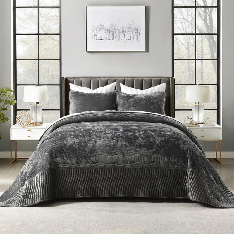 AJOCCI Velvet California King Size Quilt, Oversized California Comforter Set Grey Bedding Set (118â€*106â€) with 2 Pillow Shams, Luxurious Quilt Set,All-Season 3 Pieces - Image 1