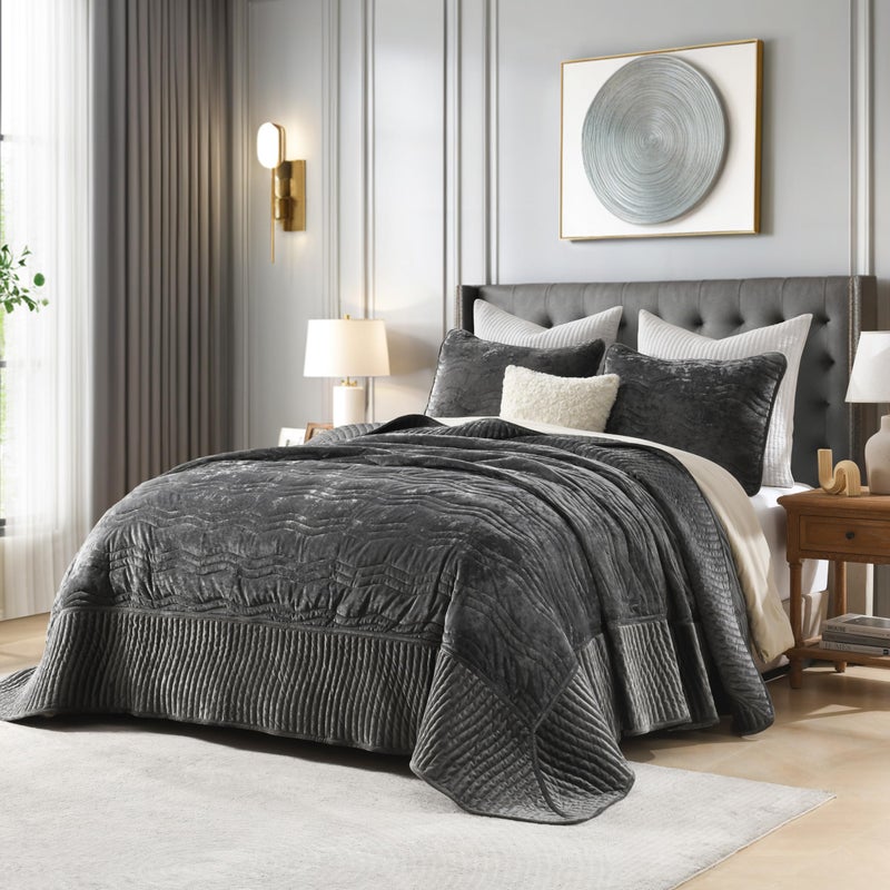 AJOCCI Velvet California King Size Quilt, Oversized California Comforter Set Grey Bedding Set (118â€*106â€) with 2 Pillow Shams, Luxurious Quilt Set,All-Season 3 Pieces - Image 2