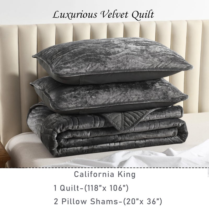 AJOCCI Velvet California King Size Quilt, Oversized California Comforter Set Grey Bedding Set (118â€*106â€) with 2 Pillow Shams, Luxurious Quilt Set,All-Season 3 Pieces - Image 5