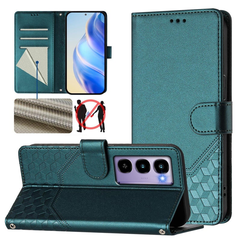 erorex For itel City 100 Honeycomb Embossing RFID Leather Phone Case(Peacock Green) - Image 1