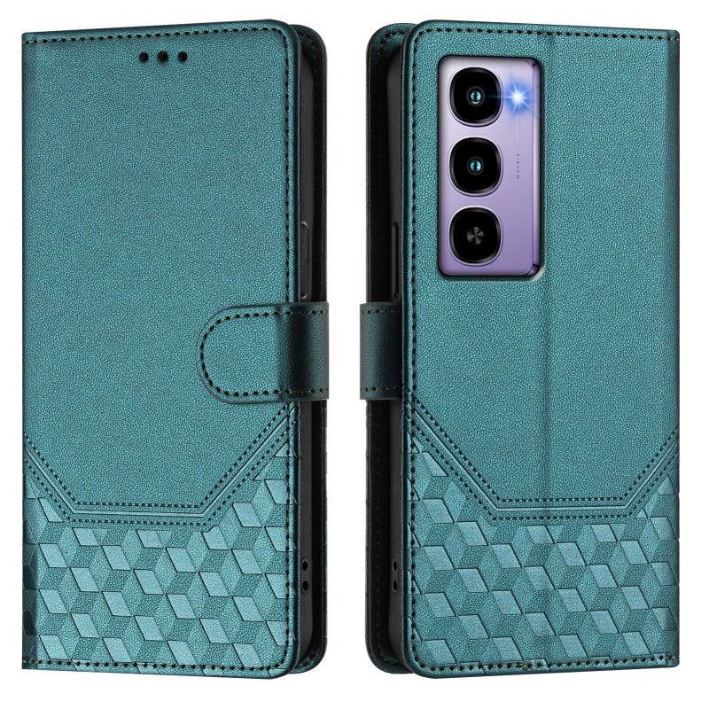erorex For itel City 100 Honeycomb Embossing RFID Leather Phone Case(Peacock Green) - Image 2