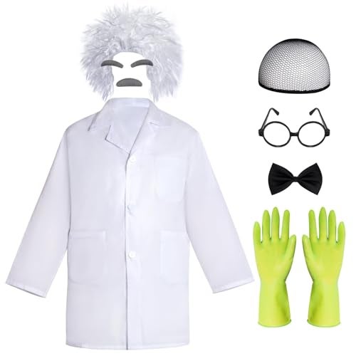 mifengda Mad Scientist Costume Doctor White Lab Coat Halloween Crazy Mad Scientist Physicist Costume Include Lab Coat Wig Glasses Mustache Eyebrows Gloves Bow Tie for Cosplay Pretend PlayMedium - Image 1