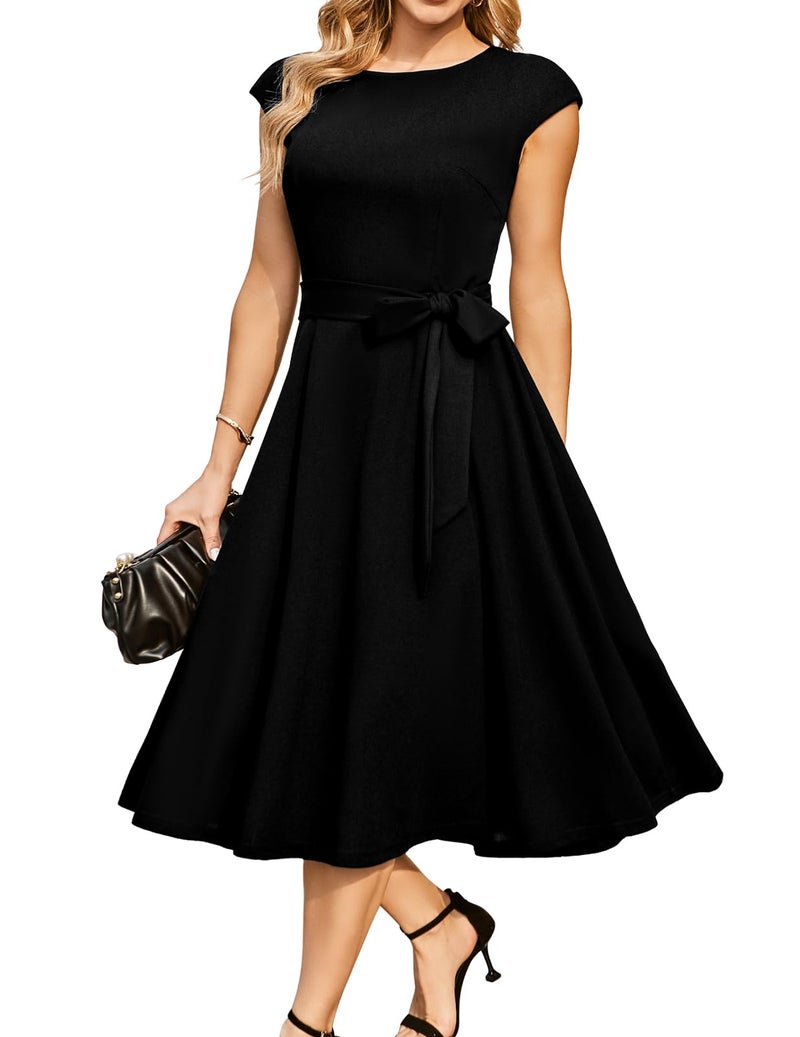 DRESSTELLS Women's Cocktail Dresses 2025, Black Tie Formal Spring Wedding Guest Church Vintage Tea Party Modest Funeral Aline Evening Dress Black XL - Image 1