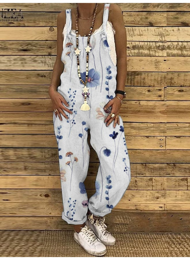 Cotton And Linen Women's Clothing Summer Sweet Fresh Printed Retro Suspender Jumpsuit Multi-color