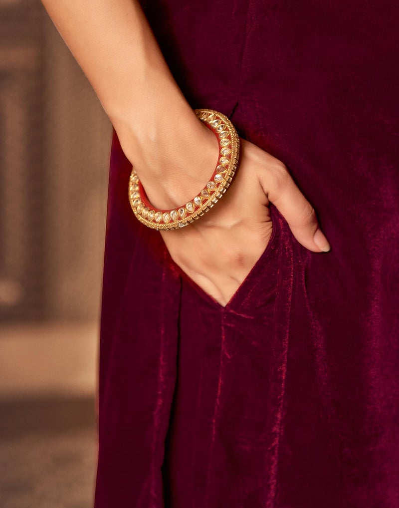 SIRIL Women's Velvet Embroidery Straight Kurta Pant with Dupatta Set (219KBD2321-M-Maroon) - Image 5