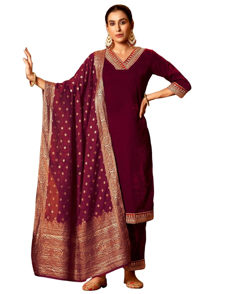 SIRIL Women's Velvet Embroidery Straight Kurta Pant with Dupatta Set (219KBD2321-M-Maroon) - Image 1