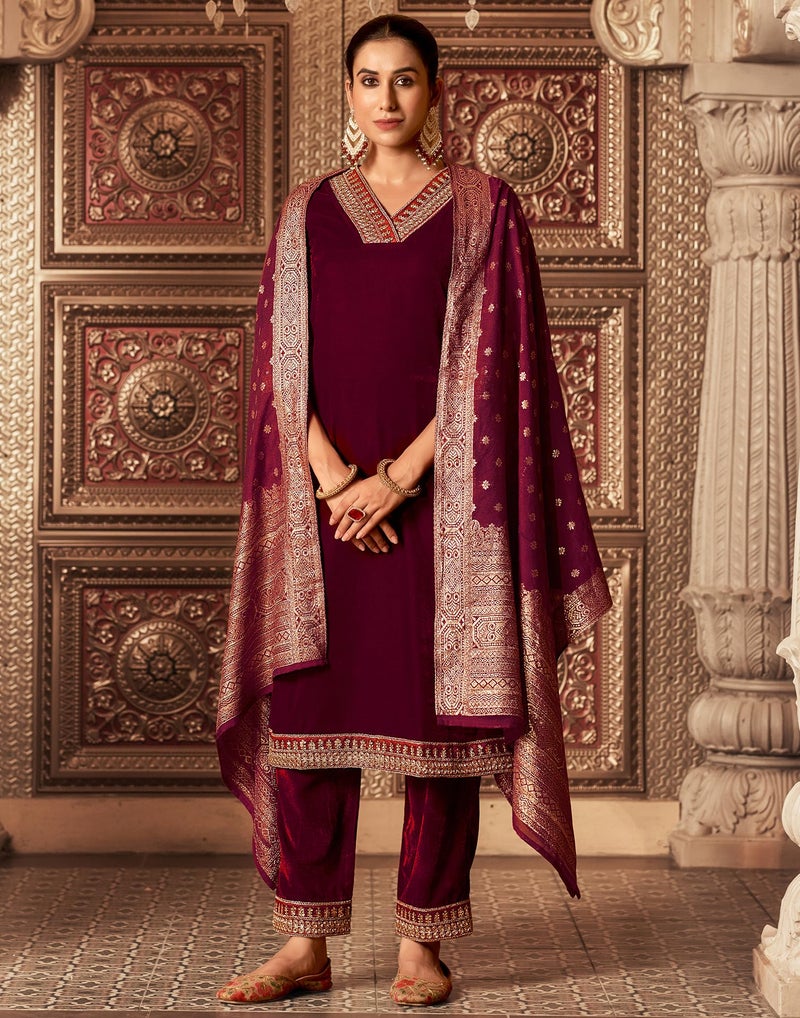 SIRIL Women's Velvet Embroidery Straight Kurta Pant with Dupatta Set (219KBD2321-M-Maroon) - Image 3