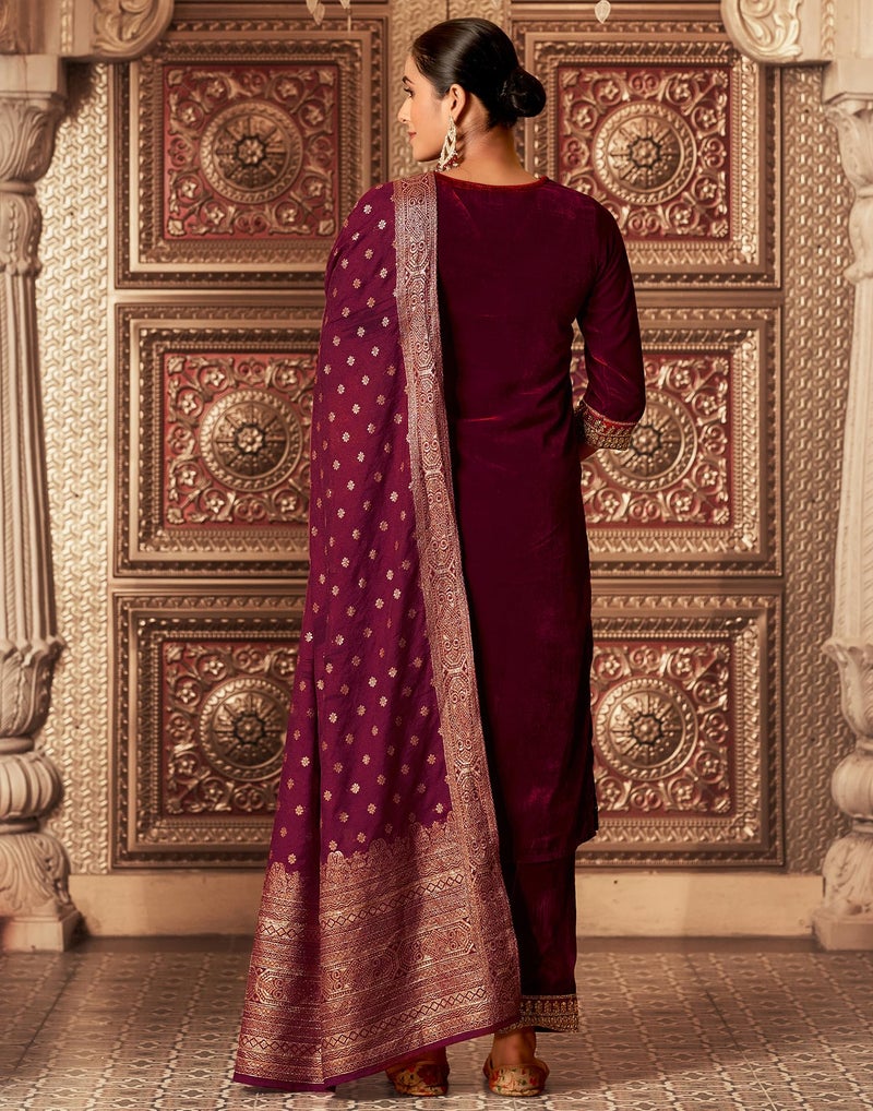 SIRIL Women's Velvet Embroidery Straight Kurta Pant with Dupatta Set (219KBD2321-M-Maroon) - Image 4