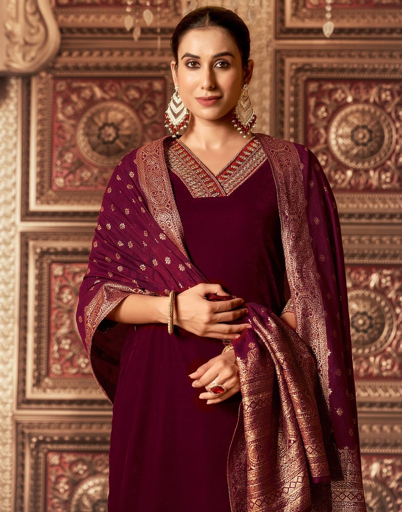 SIRIL Women's Velvet Embroidery Straight Kurta Pant with Dupatta Set (219KBD2321-M-Maroon) - Image 2