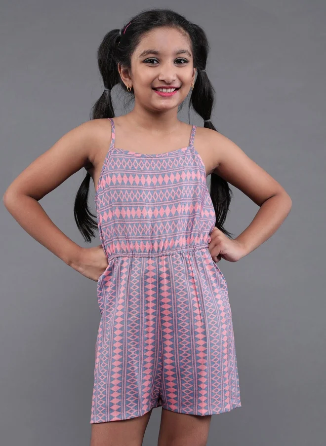 أيه كيه إس Peach Geometric Printed Playsuit for Girls