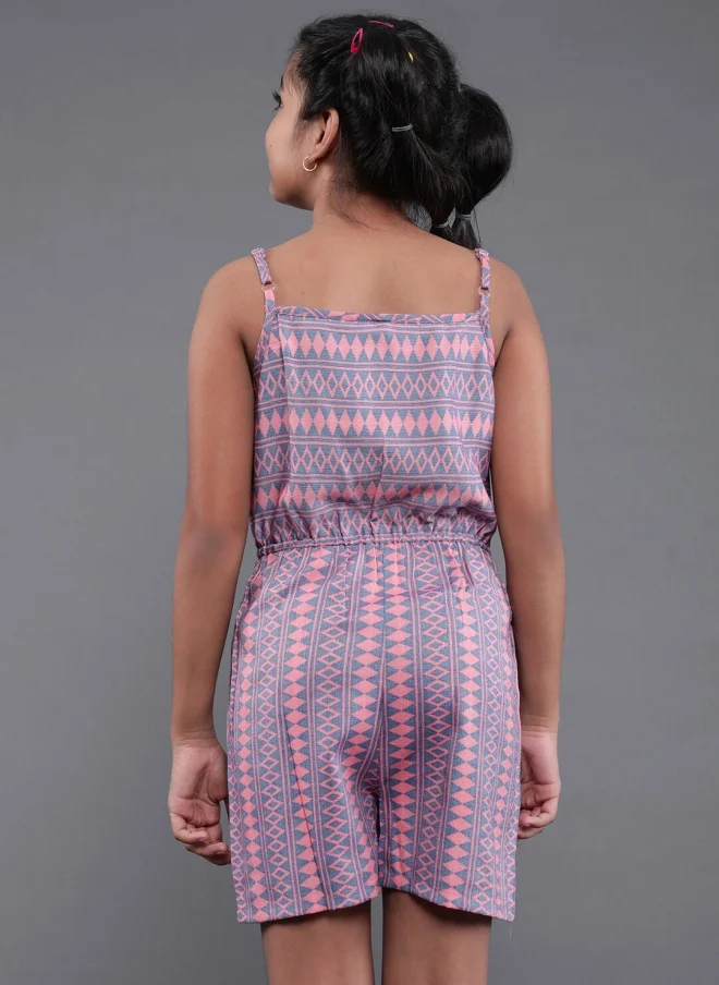 AKS Peach Geometric Printed Playsuit for Girls