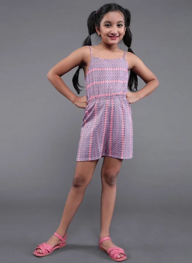 AKS Peach Geometric Printed Playsuit for Girls