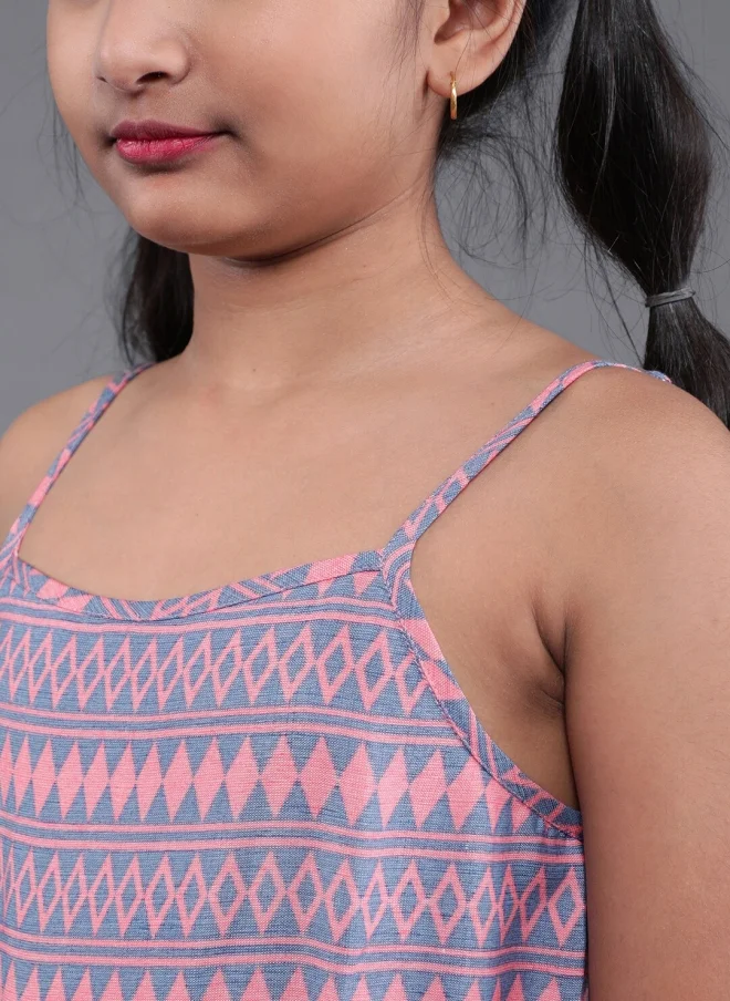 أيه كيه إس Peach Geometric Printed Playsuit for Girls
