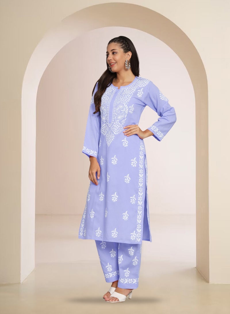 Alaya Women Hand Embroidered Chikankari Cotton Kurta Set-AL3674KS - Image 2