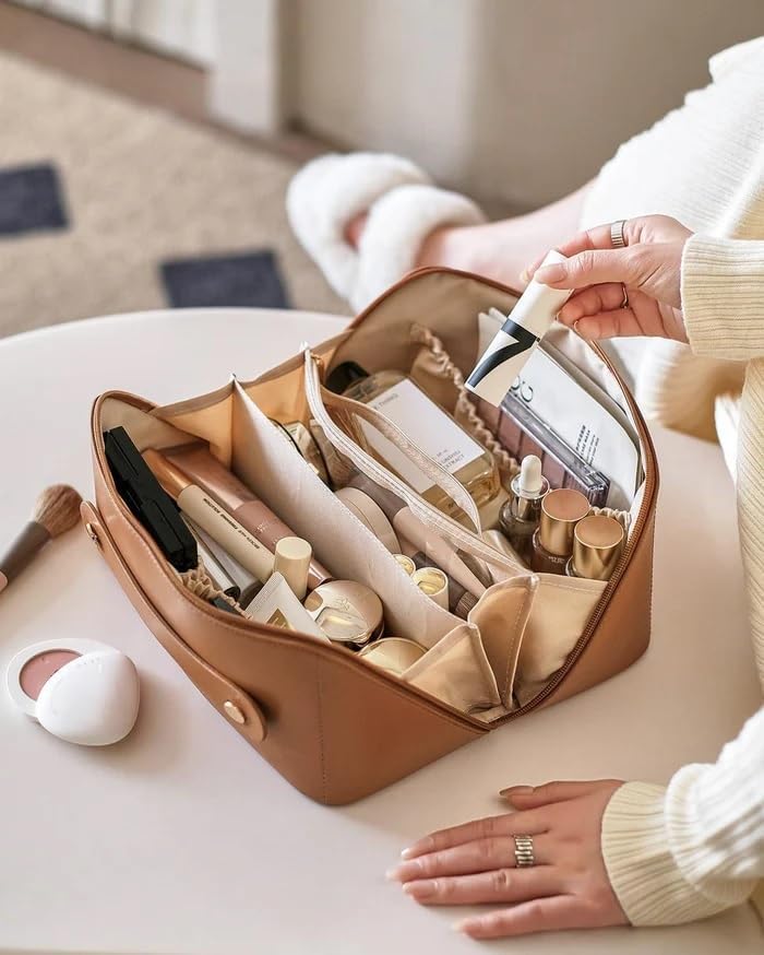 SPRADE Women’s Large Capacity Cosmetic Travel Bag - Waterproof Leather Makeup Organizer with Wide Opening, Dividers with Handle (Cross Open, Brown) by (Brown) - Image 2