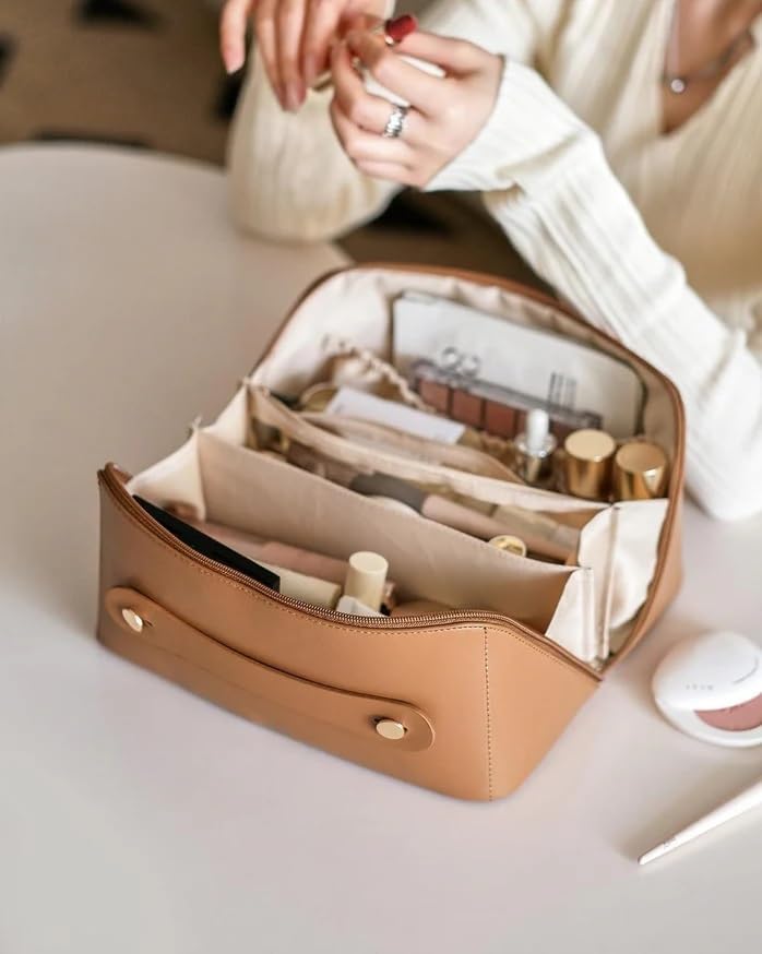 SPRADE Women’s Large Capacity Cosmetic Travel Bag - Waterproof Leather Makeup Organizer with Wide Opening, Dividers with Handle (Cross Open, Brown) by (Brown) - Image 4