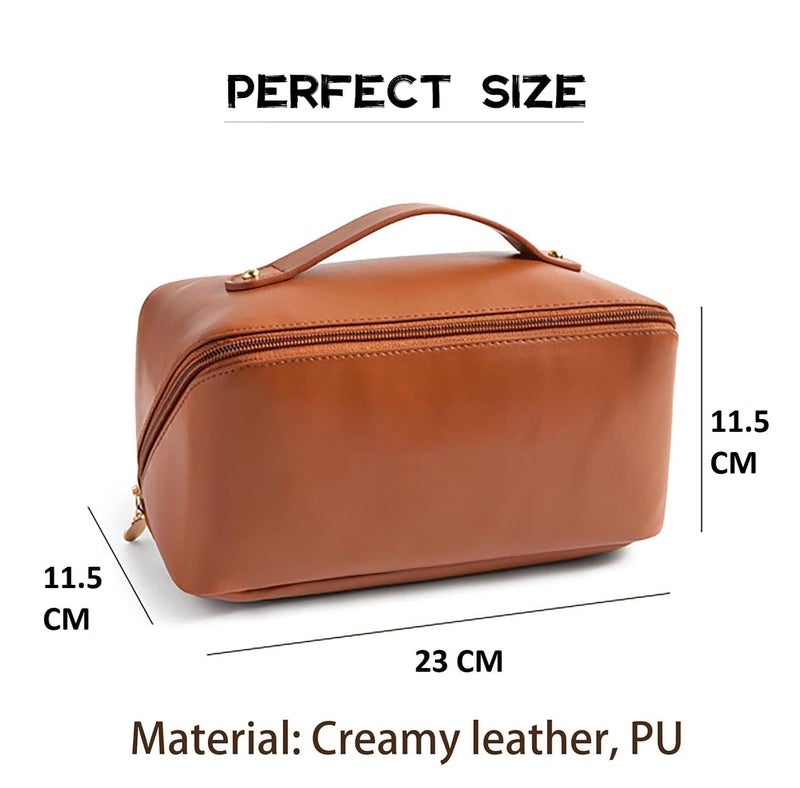 SPRADE Women’s Large Capacity Cosmetic Travel Bag - Waterproof Leather Makeup Organizer with Wide Opening, Dividers with Handle (Cross Open, Brown) by (Brown) - Image 5