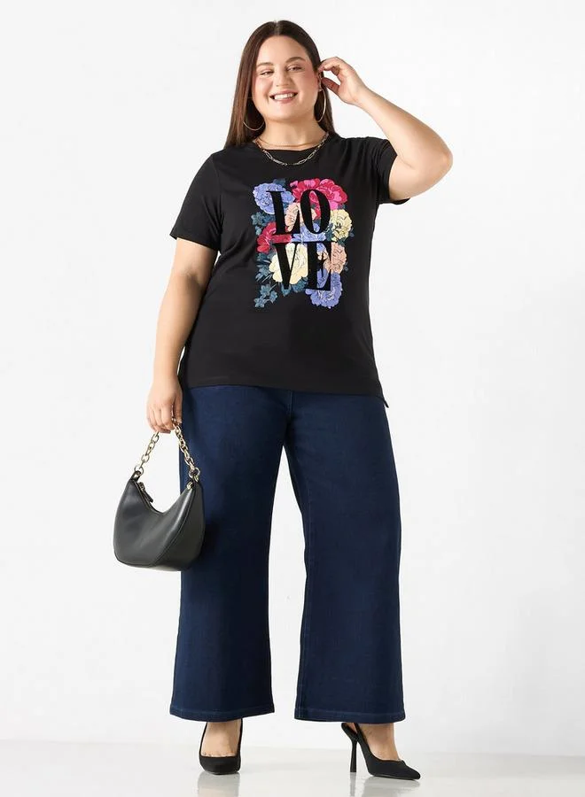 Ulla Popken Plus Size Ulla Popken Solid Wide Leg Jeans with Button Closure