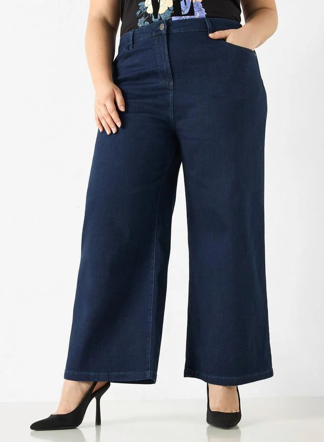 Ulla Popken Plus Size Ulla Popken Solid Wide Leg Jeans with Button Closure