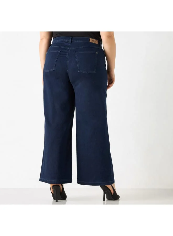 Ulla Popken Plus Size Ulla Popken Solid Wide Leg Jeans with Button Closure