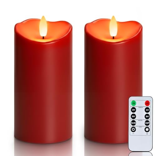 Homemory Burgundy Flameless Candles Waterproof Flickering Candles Outdoor Battery Operated LED Pillar Candles with Remote Timer Electric Fake Plastic Candles Red Christmas Decor 3 x 6 - Image 1