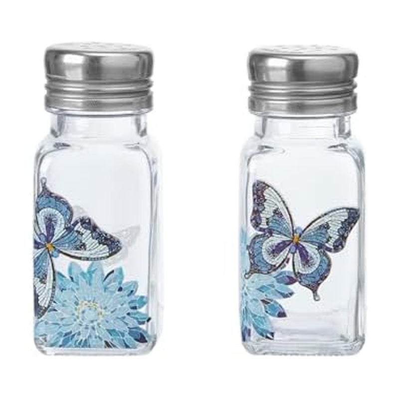 Dolly Parton Glass Salt and Pepper Shakers with Mosaic Flowers and Butterfly Design, Easy to Fill, Set of 2, 3 Ounce - Image 1