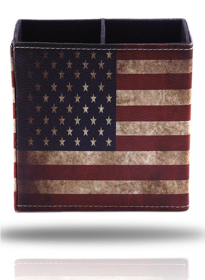 koofull Vintage Desk Organizer Desktop PU Leather Retro Supplies Patriotic Decor Pen Pencil Holder Caddy Cup Office Home School Classroom Accessories (American Flag) - Image 1