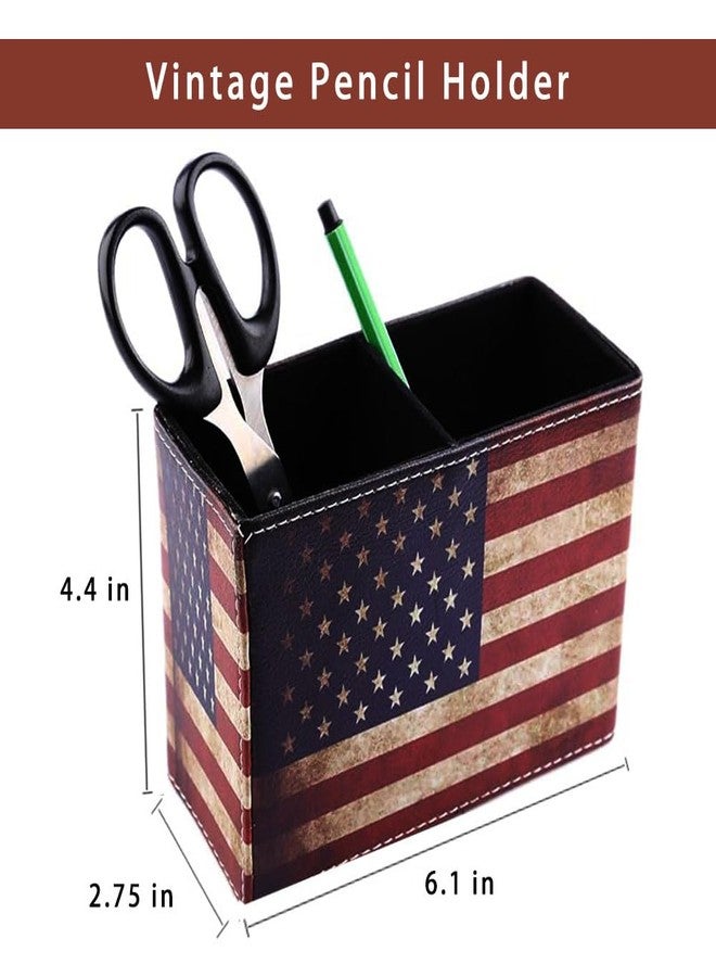 koofull Vintage Desk Organizer Desktop PU Leather Retro Supplies Patriotic Decor Pen Pencil Holder Caddy Cup Office Home School Classroom Accessories (American Flag) - Image 2