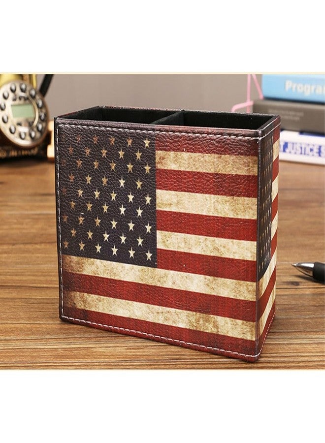 koofull Vintage Desk Organizer Desktop PU Leather Retro Supplies Patriotic Decor Pen Pencil Holder Caddy Cup Office Home School Classroom Accessories (American Flag) - Image 5