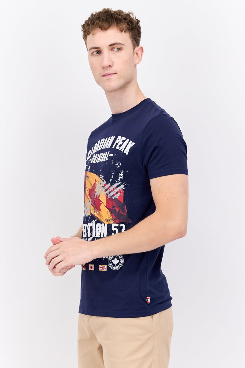 Men Crew Neck Short Sleeve Graphic Printed T-Shirt, Navy