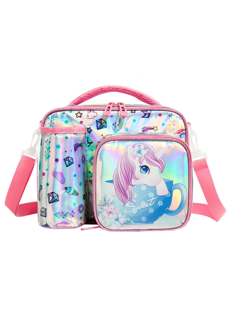 Eazy Kids Bottle, Lunch Bag With Detachable, Adjustable Shoulder Strap - Unicorn Chrome - Pink  - Image 1