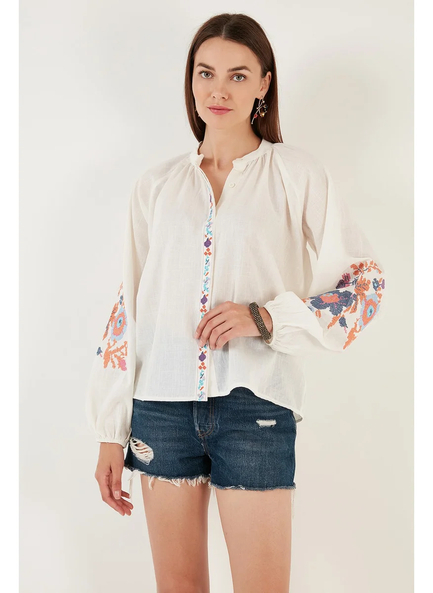 Lela Embroidered Cotton Regular Fit Balloon Sleeve Summer Shirt Women's Shirt 611BZ0173